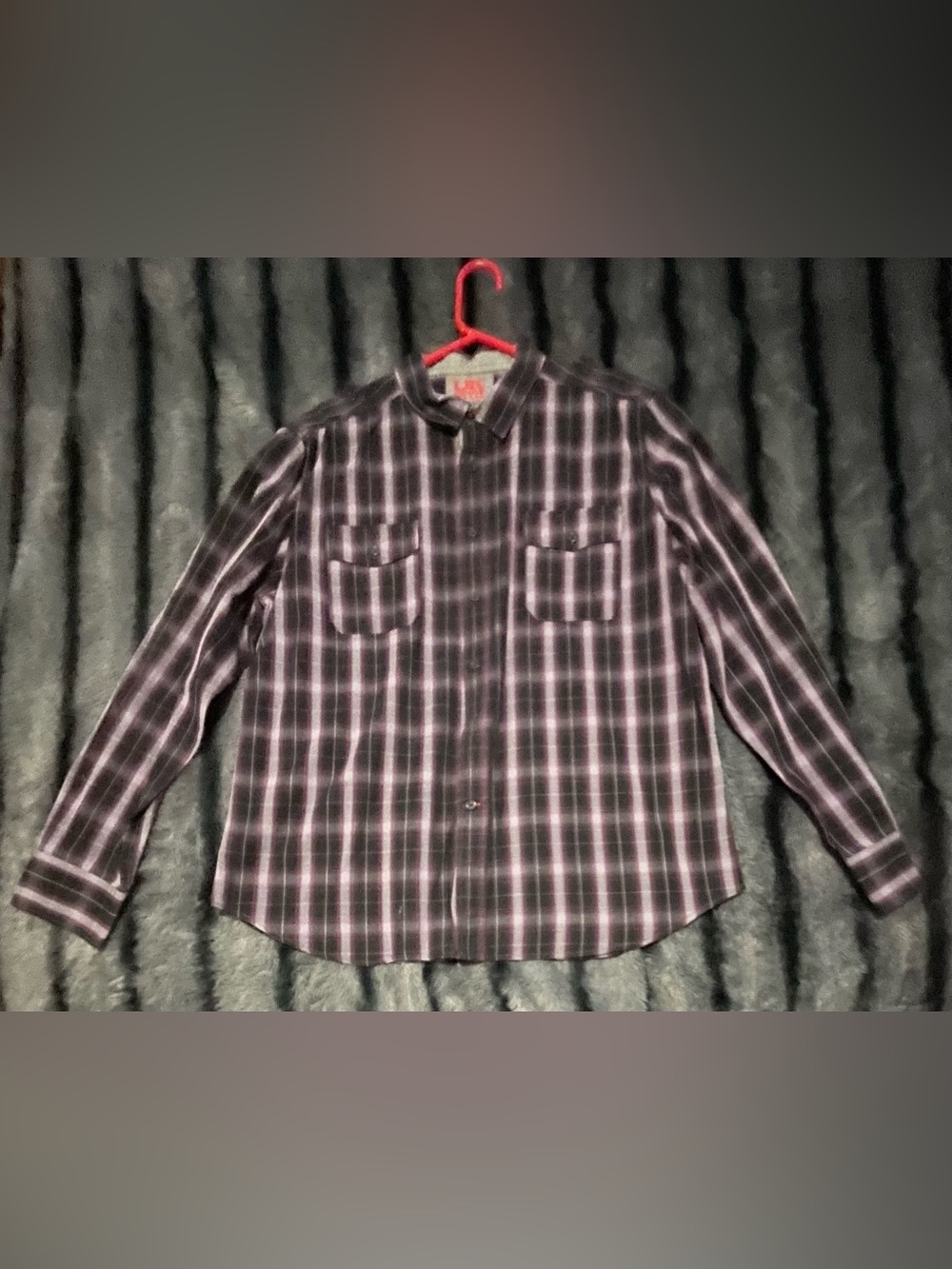 French Connection Black and Purple Plaid Button-Down Shirt